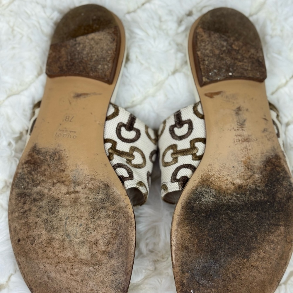 Gucci Horsebit Cream and Brown Sandals with Ornate Design Size 7 - Picture 7 of 9